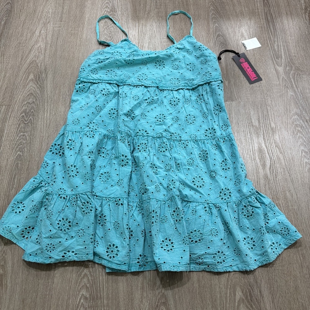 Rock and Roll Denim M Medium Eyelet Sleeveless Mini Dress Babydoll Teal Boho